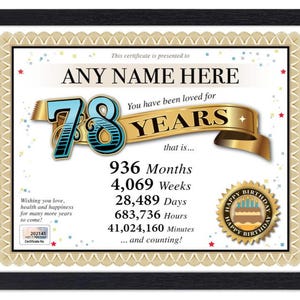 Certificado PERSONALIZADO de 78º aniversário - Digital, impresso ou emoldurado - Presente personalizado exclusivo Love Years - Cartão Diploma