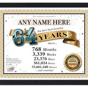 Certificado PERSONALIZADO de 64º aniversário - Digital, impresso ou emoldurado - Presente personalizado exclusivo Love Years - Cartão Diploma