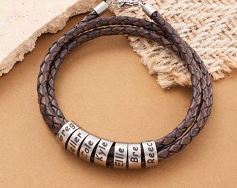 Personalized Mens Bracelet, Handmade Leather Bracelet with Silver Beads, Christmas gifts for Him Father Dad Grandfather Boyfriend Family