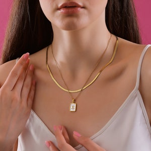 Gold Herringbone Layered set, Set of 2 Necklaces,  Initial Necklace  set with snake charm, 2 Layer Necklace, Necklace Stack, Layering Chains