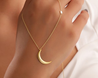 Gold handmade women necklace gift for her Silver modern girl Moon star necklace Minimalist gifts for Mom mama wife girl friend, sister,