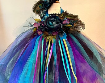 Peacock Flower Princess Tutu Dress Costume 1st Birthday Flower Girl Dress