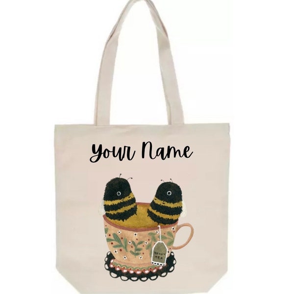 Bee Tote Bag - Large Canvas Personalized Kawaii Tote Bag - Cute Bees Teacup Tote Bag - Cute Totes - Kawaii Tote Bag - Kawaii Bee Tote