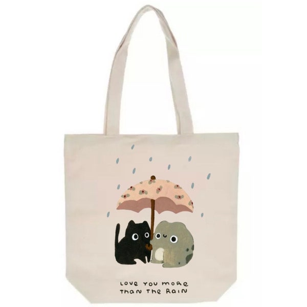 Large Canvas Personalized Kawaii Tote Bag - Cute Froggy and Cat Tote Bag - Cute Totes - Kawaii Cat Tote Bag - Kawaii Froggy Tote