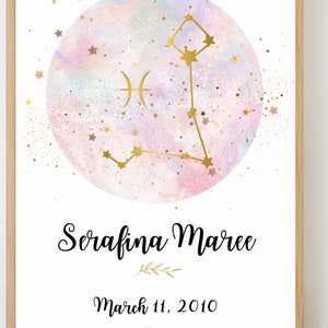 Personalized Baby Wall Art, Zodiac Wall Art, Custom Baby Print, Gift for New Parents, Moon Print, Baby Star Map, Constellation Print