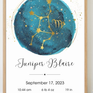 Personalized Baby Wall Art, Zodiac Wall Art, Custom Baby Print, Gift for New Parents, Moon Print, Baby Star Map, Constellation Print
