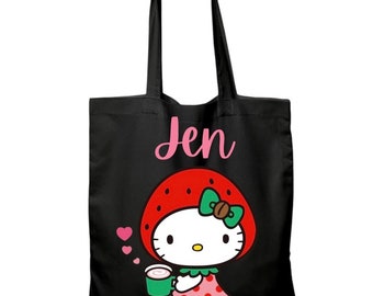 Kawaii Strawberry Kitty Personalized Tote -  Kawaii Tote Bag - Cute Tote Bag - Kawaii Kitty Tote - Strawberry Kitty Tote Bag