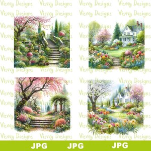 Watercolor Spring Gardens Clipart, Spring GARDEN, Garden Blossoms, JPG Graphics, Illustrations, Garden, Instant Download for Commercial use