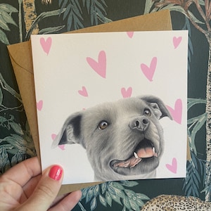 Staffordshire Bullterrier 'Love Heart' Karte, Staffy Dog Karte, Blank Hundekarte, Hund Geburtstagskarte
