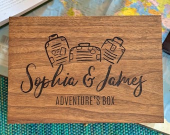 Wooden Travel Memory Box, Personalized Keepsake Box for Vacation Tickets, Photos, Postcards, Maps and Special Adventures, Gift for Couple