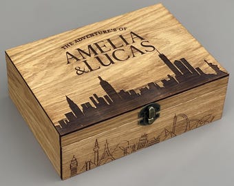 Personalized Travel Memory Box, Wooden Keepsake Box for Tickets, Photos, Postcards, Souvenirs and Adventure Memories, Gift for Travelers