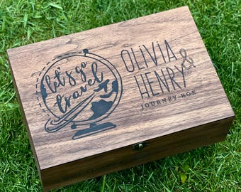 Wooden Travel Keepsake Box, Personalized Memory Box for Adventure Tickets, Vacation Photos, Postcards, Maps and Souvenirs, Traveler Gift