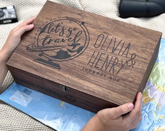 Our Adventures Travel Memory Box, Personalized Wooden Keepsake Box for Tickets, Photos, Maps, Postcards and Souvenirs, Couple Travel Gift