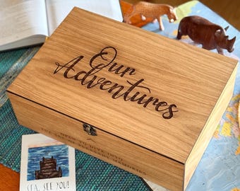 Personalized Adventure Memory Box, Wooden Travel Keepsake Box for Couples, Tickets, Photos, Postcards and Souvenirs, Travel Lovers Gift