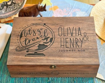 Personalized Adventure Memory Box, Wooden Travel Keepsake Box for Couples, Tickets, Photos, Postcards and Souvenirs, Travel Lovers Gift