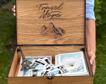 Personalized Adventure Memory Box, Wooden Travel Keepsake Box for Couples, Tickets, Photos, Postcards and Souvenirs, Travel Lovers Gift