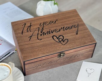 Personalized Wooden Anniversary Box, Custom Engraved Keepsake and Memory Storage Box, Romantic Wedding Anniversary Gift for Wife or Husband