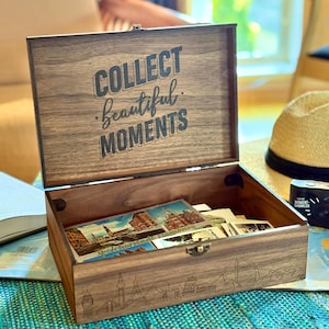 Personalized Adventure Memory Box, Wooden Travel Keepsake Box for Couples, Tickets, Photos, Postcards and Souvenirs, Travel Lovers Gift