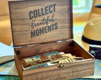Personalized Adventure Memory Box, Wooden Travel Keepsake Box for Couples, Tickets, Photos, Postcards and Souvenirs, Travel Lovers Gift