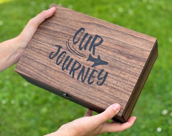 Wooden Travel Memory Box, Personalized Keepsake Box for Vacation Tickets, Photos, Postcards, Maps and Special Adventures, Gift for Couple
