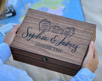 Travel Keepsake Box, Personalized Wooden Memory Box for Tickets, Photos, Maps, Postcards, Souvenirs and Adventure Memories for Travelers