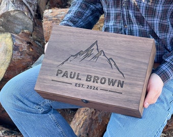 Personalized men gift, Walnut Oak, Mountain Name box with Laser engraving - Gift Present for Him, Baby boy, Friend Brother, Dad, Father, Son