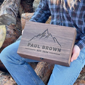 Personalized men gift, Walnut Oak, Mountain Name box with Laser engraving - Gift Present for Him, Baby boy, Friend Brother, Dad, Father, Son