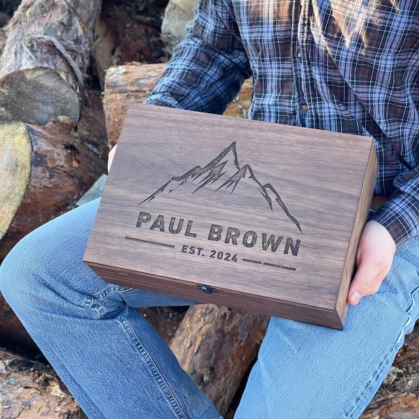 Personalized men gift, Walnut Oak, Mountain Name box with Laser engraving - Gift Present for Him, Baby boy, Friend Brother, Dad, Father, Son