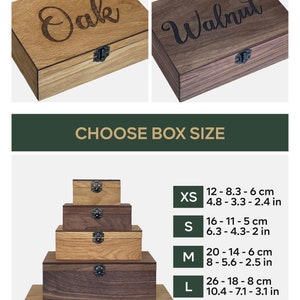 May include: Wooden boxes in various sizes and wood types, including oak and walnut. The image shows boxes labeled XS (4.8-3.3-2.4 in), S (6.3-4.3-2 in), M (8-5.6-2.5 in), L (10.4-7.1-3.1 in), and XL (14-9.6-4.3 in).