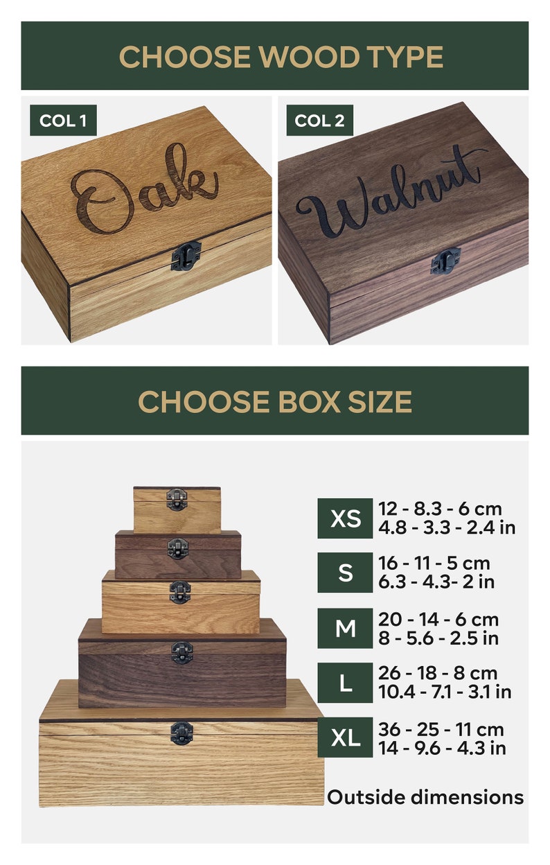 May include: Wooden boxes in various sizes and wood types, including oak and walnut. The image shows boxes labeled XS (4.8-3.3-2.4 in), S (6.3-4.3-2 in), M (8-5.6-2.5 in), L (10.4-7.1-3.1 in), and XL (14-9.6-4.3 in).