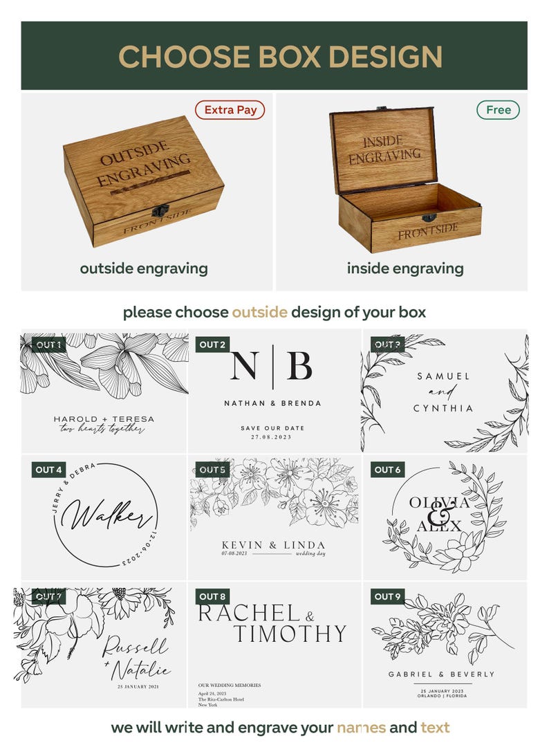 May include: Wooden box with options for outside or inside engraving. The image shows various design choices for personalization, including names, dates, and floral elements. The text says "Choose Box Design".