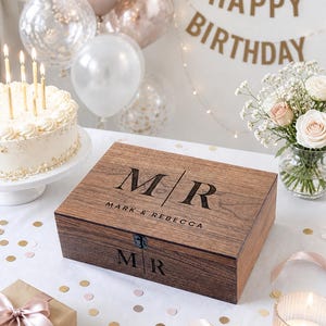 May include: A wooden box with the initials "MR" and the names "Mark & Rebecca" engraved on the lid. The box is on a white surface with confetti, a gift box, a lit candle, and a birthday cake. Balloons and a "Happy Birthday" banner are in the background.