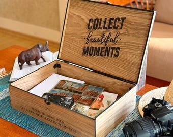 Our Adventures Travel Memory Box, Personalized Wooden Keepsake Box for Tickets, Photos, Maps, Postcards and Souvenirs, Couple Travel Gift
