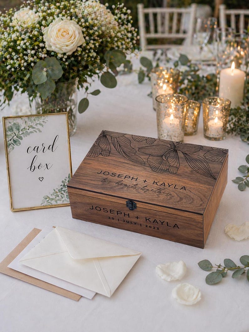 May include: A wooden card box with floral design and the names "JOSEPH + KAYLA" engraved on it. The box is on a table with a "card box" sign, envelopes, and candles. The date "30 | JULY | 2023" is also engraved.