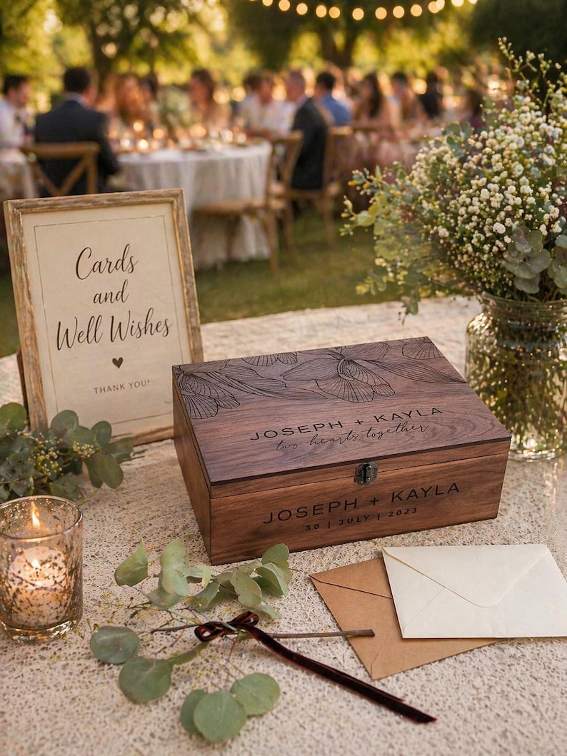 May include: A wooden keepsake box with engraved floral design and the names "JOSEPH + KAYLA" and the date "30 | JULY | 2023". A sign reads "Cards and Well Wishes". A lit candle and greenery are also present.