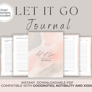 Peut inclure: Un journal numérique imprimable avec un fond aquarelle dans des tons de rose et de gris. La couverture présente le texte "Let it Go Journal".