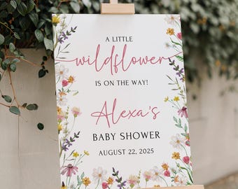 Wydrukowano i wysłano znak powitalny na baby shower z motywem dzikich kwiatów, w drodze jest mały dziki kwiat, kwiatowy wystrój na baby shower dla dziewczynki Baby in Bloom