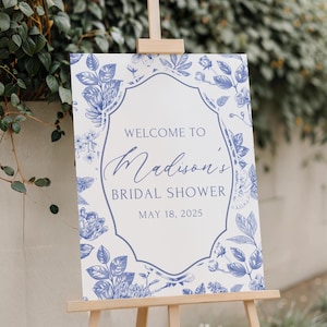 Printed and Shipped Vintage Bridal Shower Sign, Dusty Blue Vintage Floral, Blue Flower Bridal Shower Welcome Sign, Bridal Shower Decor