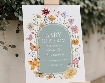 Placa de chá de bebê impressa e enviada Placa de boas-vindas para chá de bebê com flores silvestres Placa de bebê em flor Decoração para chá de bebê de menina