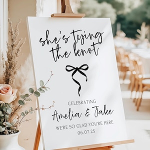 Printed and Shipped Black Bow Bridal Shower Sign She&#39;s Tying the Knot Bridal Shower Welcome Sign Bow Bridal Shower Poster Couples Shower