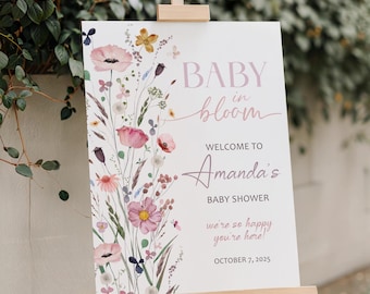 Placa de chá de bebê impressa e enviada Placa de boas-vindas para chá de bebê com flores silvestres Placa de bebê em flor Decoração para chá de bebê de menina