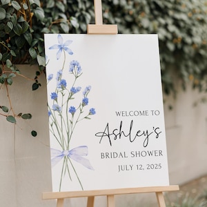 Printed and Shipped Blue Floral Bridal Shower Welcome Sign, Foam Board, Bridal Shower Poster, Dusty Blue Decor, Bow Bridal Shower Sign