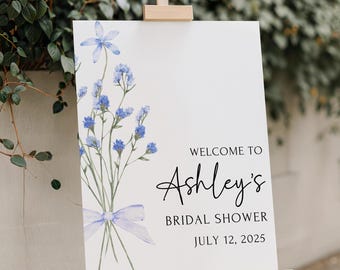 Gedrukt en verzonden blauwe bloemen vrijgezellenfeest welkomstbord, foamboard, poster vrijgezellenfeest, stoffig blauw decor, boog vrijgezellenfeestbord