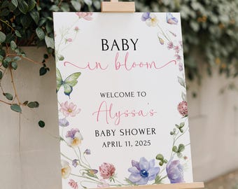 Placa de chá de bebê impressa e enviada Placa de boas-vindas para chá de bebê com flores silvestres Placa de bebê em flor Decoração para chá de bebê de menina