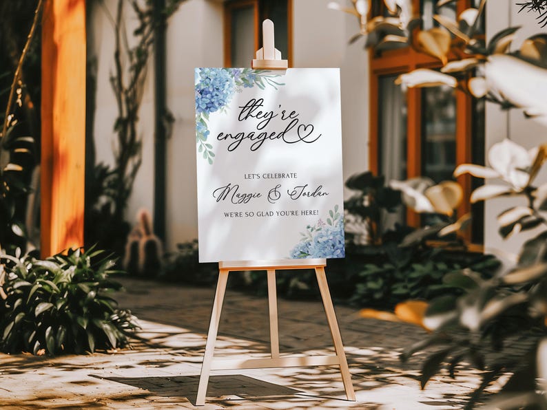 Engagement Party Sign They're Engaged Sign Blue Hydrangea Engagement ...