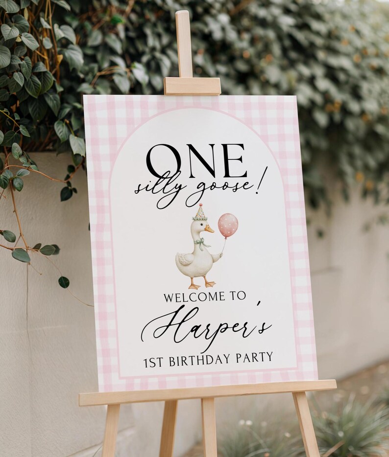 Puede incluir: Un caballete de madera exhibe un letrero a cuadros rosas y blancos. El letrero dice "ONE silly goose!" encima de un ganso de dibujos animados con un globo. Debajo, dice "WELCOME TO Harper's 1st BIRTHDAY PARTY".