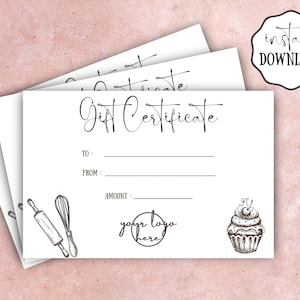 Certificado de regalo para panadería, agregue su plantilla de certificado de regalo con logotipo, plantilla de tarjeta de regalo, certificado de regalo editable, descarga instantánea