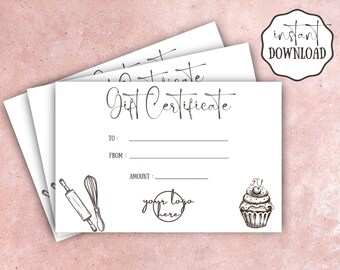 Puede incluir: Plantilla de certificado de regalo imprimible con una ilustración de cupcake y herramientas de horneado. El texto dice "Certificado de regalo" e incluye espacios para "Para", "De" y "Cantidad".
