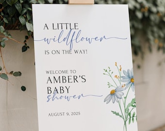 Wydrukowano i wysłano znak powitalny na baby shower z motywem dzikich kwiatów, w drodze jest mały dziki kwiat, kwiatowy wystrój na baby shower dla dziewczynki Baby in Bloom