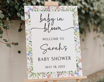 Placa de chá de bebê impressa e enviada Placa de boas-vindas para chá de bebê com flores silvestres Placa de bebê em flor Decoração para chá de bebê de menina